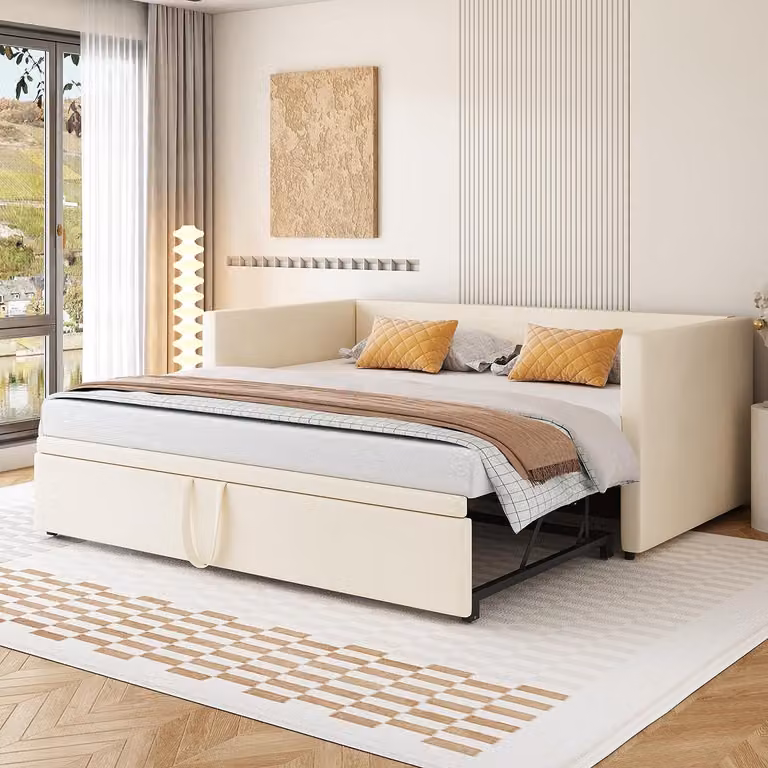 Letto imbottito Divano letto allungabile 90/180 * 200 cm con rete a doghe, letto multifunzionale in tessuto vellutato delicato sulla pelle Beige