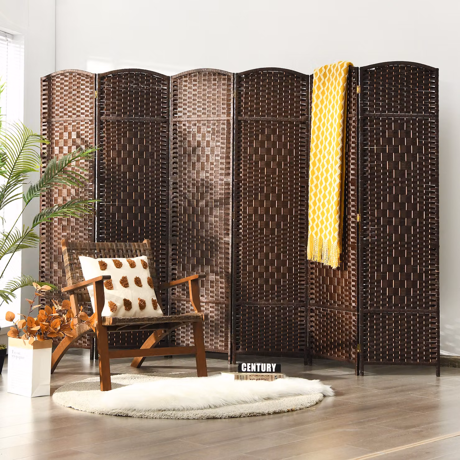 Divisorio per ambienti Costway a 6 pannelli in rattan e legno naturale Marrone, Altezza: 180 cm