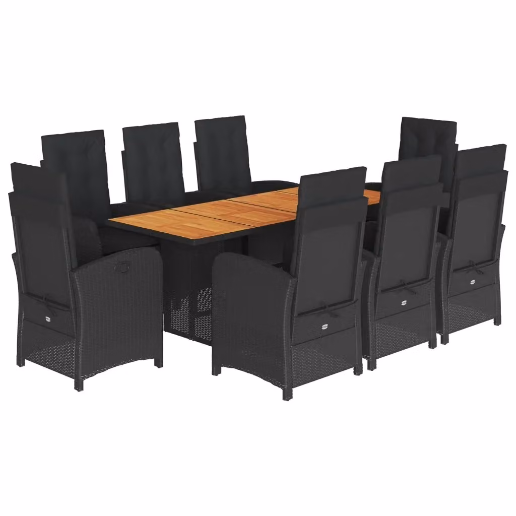 Set da pranzo da giardino vidaXL in polyrattan e legno di acacia con 9 pezzi e cuscini, nero e marrone – 2