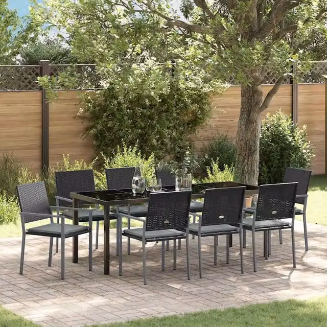 Set da Pranzo per Giardino e Terrazzo vidaXL in Rattan e Acciaio Verniciato Nero e Grigio Antracite, 9 Pezzi