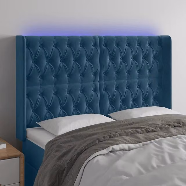 Testiera per letto vidaXL in velluto blu con illuminazione LED e porta di ricarica USB, L: 147 cm, P: 16 cm, H: 118-128 cm