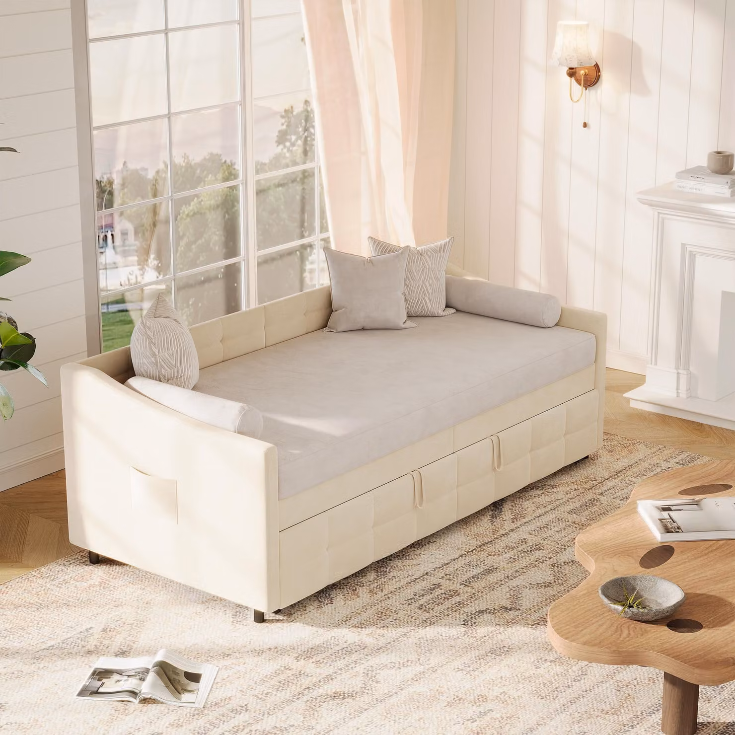 Divano letto matrimoniale allungabile 90/180 x 200 cm, rete a doghe, velluto, beige