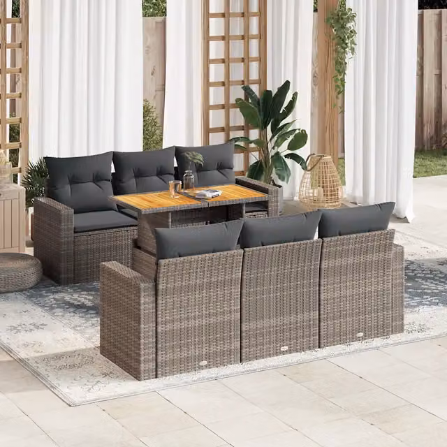 Set Divani da Giardino 7 pz con Cuscini Grigio in Polyrattan 3327000