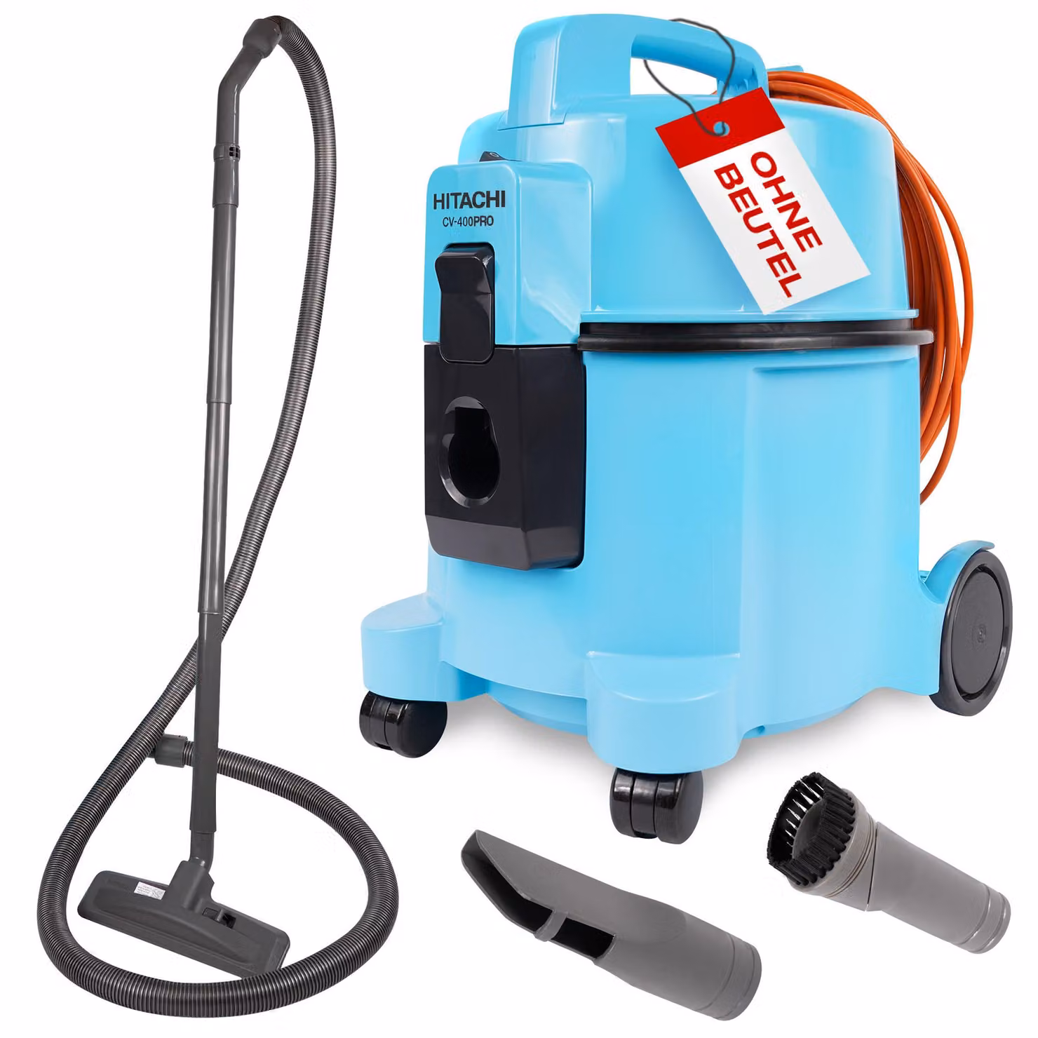 Aspirapolvere Hitachi senza sacchetto CV-400 PRO con filtro HEPA da 7,5 L, azzurro - 880 W, silenzioso (74 dB), raggio d'azione di 13 m, bocchetta per tappeti e accessori - Aspirapolvere professionale