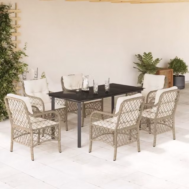 Set da pranzo da giardino vidaXL in polyrattan con cuscini beige e piano in vetro, 7 pezzi
