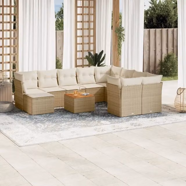 Set di divani da giardino vidaXL in polyrattan beige con cuscini e tavolino da esterno a forma di L composto da 11 pezzi
