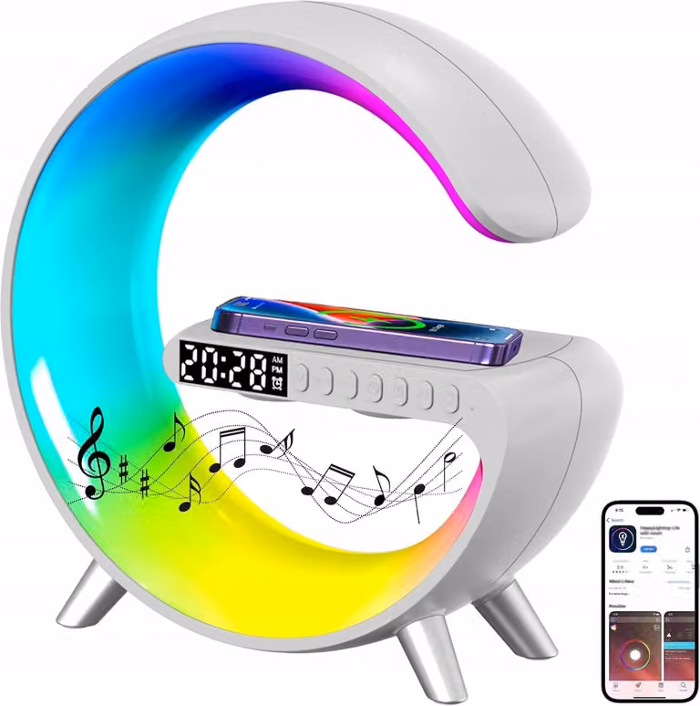 Lampada LED RGB caricatore induttivo 15W + orologio + altoparlante Bluetooth Bianco