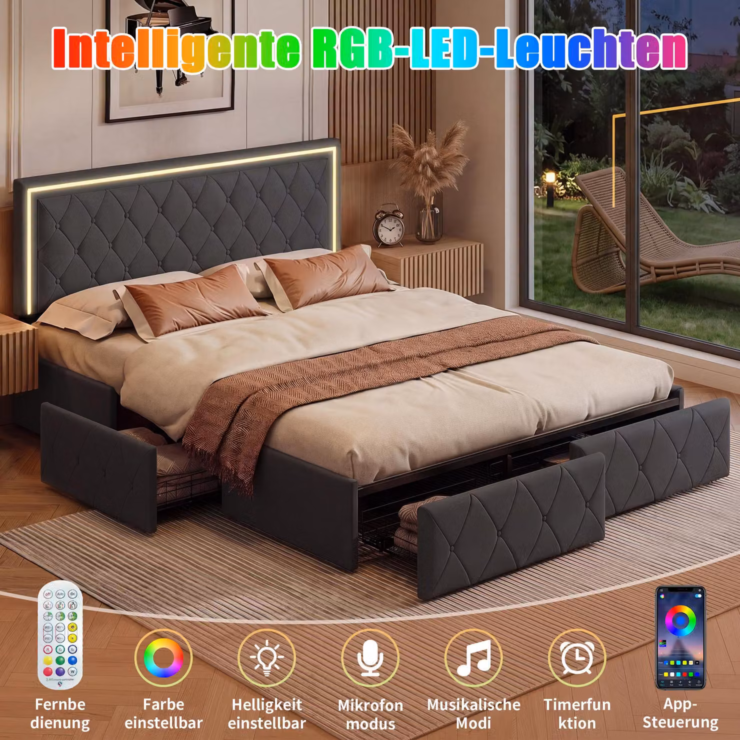 Letto grigio 140x200 cm con testiera illuminata a LED, 4 cassetti e contenitore a letto