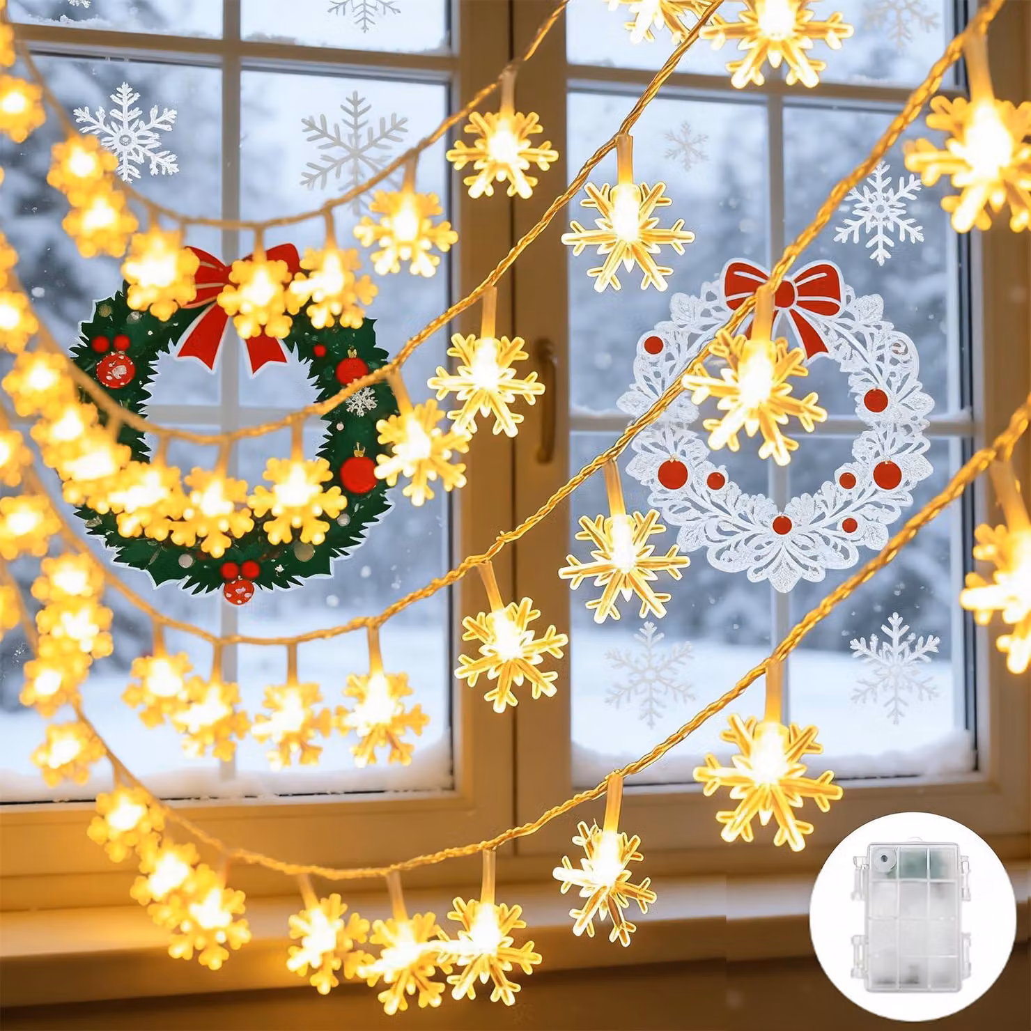 Catena luminosa a forma di fiocchi di neve, 4 metri, 20 LED, luce bianco caldo, alimentazione a batteria