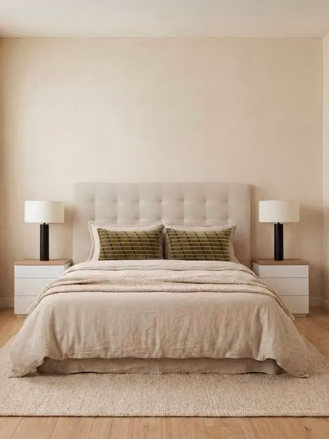Set testiera imbottita beige e 2 comodini bianchi Havel di Kenay Home per la tua camera da letto