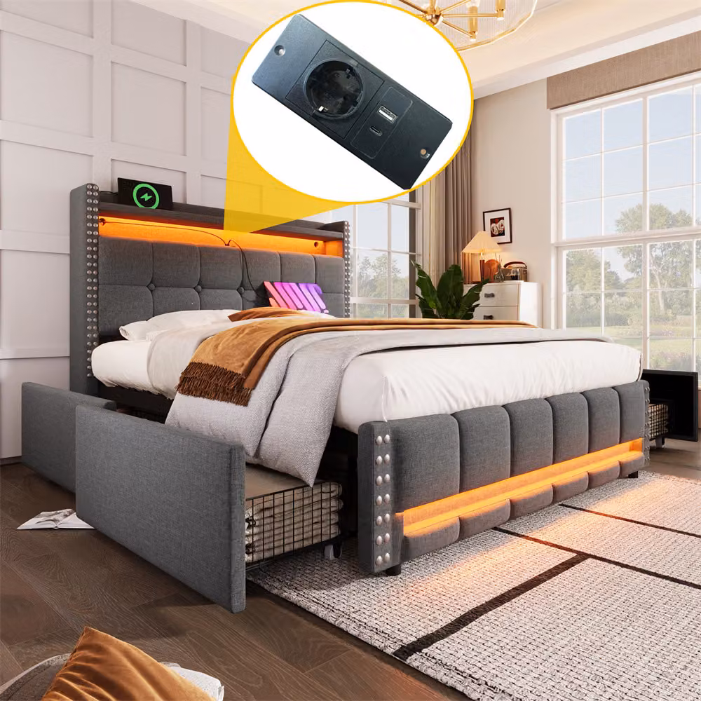 Letto imbottito Sweiko 160*200 cm, testata con ripiani e contenitore con 4 cassetti, letto matrimoniale per adulti, grigio
