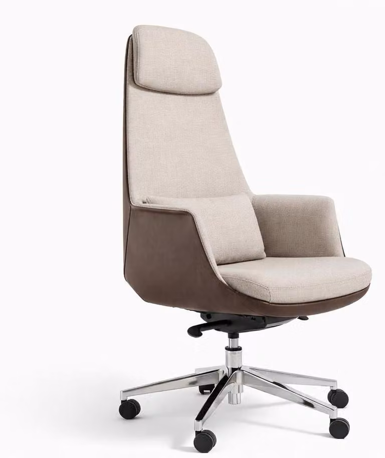 Sedia da ufficio ergonomica con rivestimento in tessuto e dettagli in pelle, beige