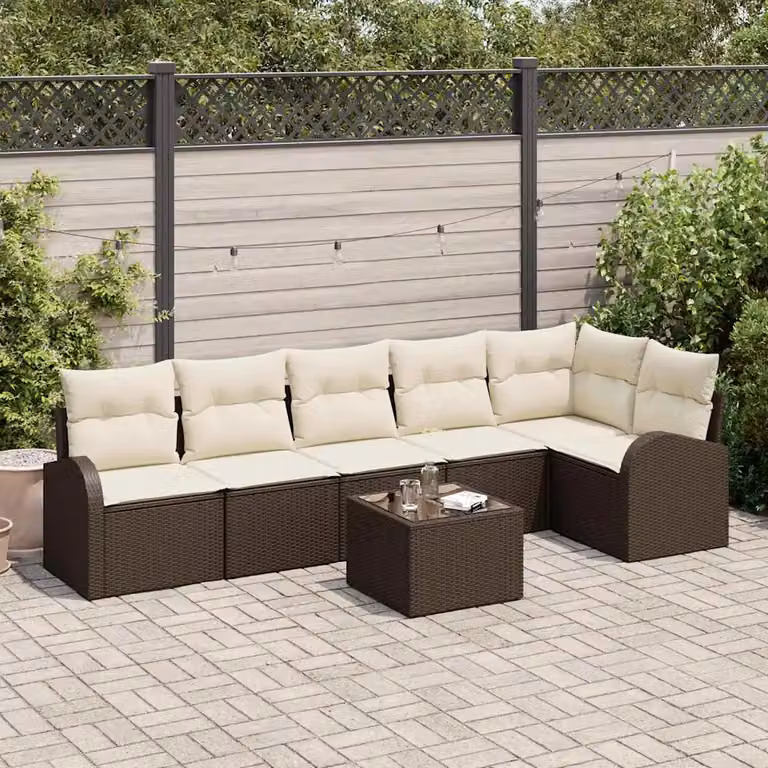 Set Divano da Giardino a L vidaXL Marrone con Elemento Angolare, Ottoman e Tavolino da Esterno in Polyrattan e Acciaio con Cuscini Inclusi