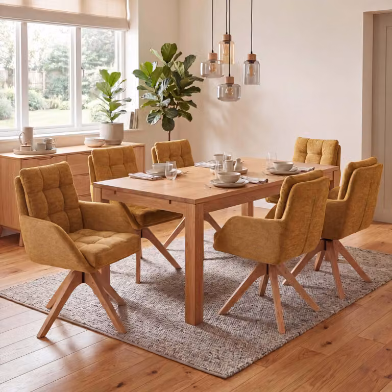 Set di 6 sedie da pranzo modello HWC-Q36, sedia per cucina, girevole, rivestita in tessuto chenille (680g/m²), struttura in legno, colore giallo senape