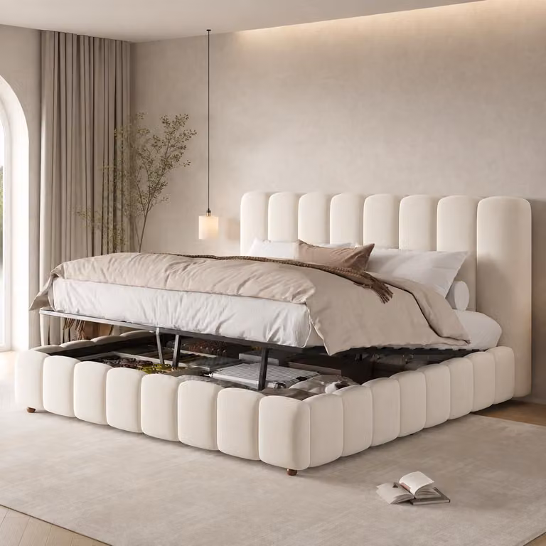Letto imbottito 180 x 200 cm con rivestimento in velluto e contenitore a sollevamento idraulico – Letto matrimoniale a righe, con rete a listelli e gambe in legno massello, letto contenitore color beige