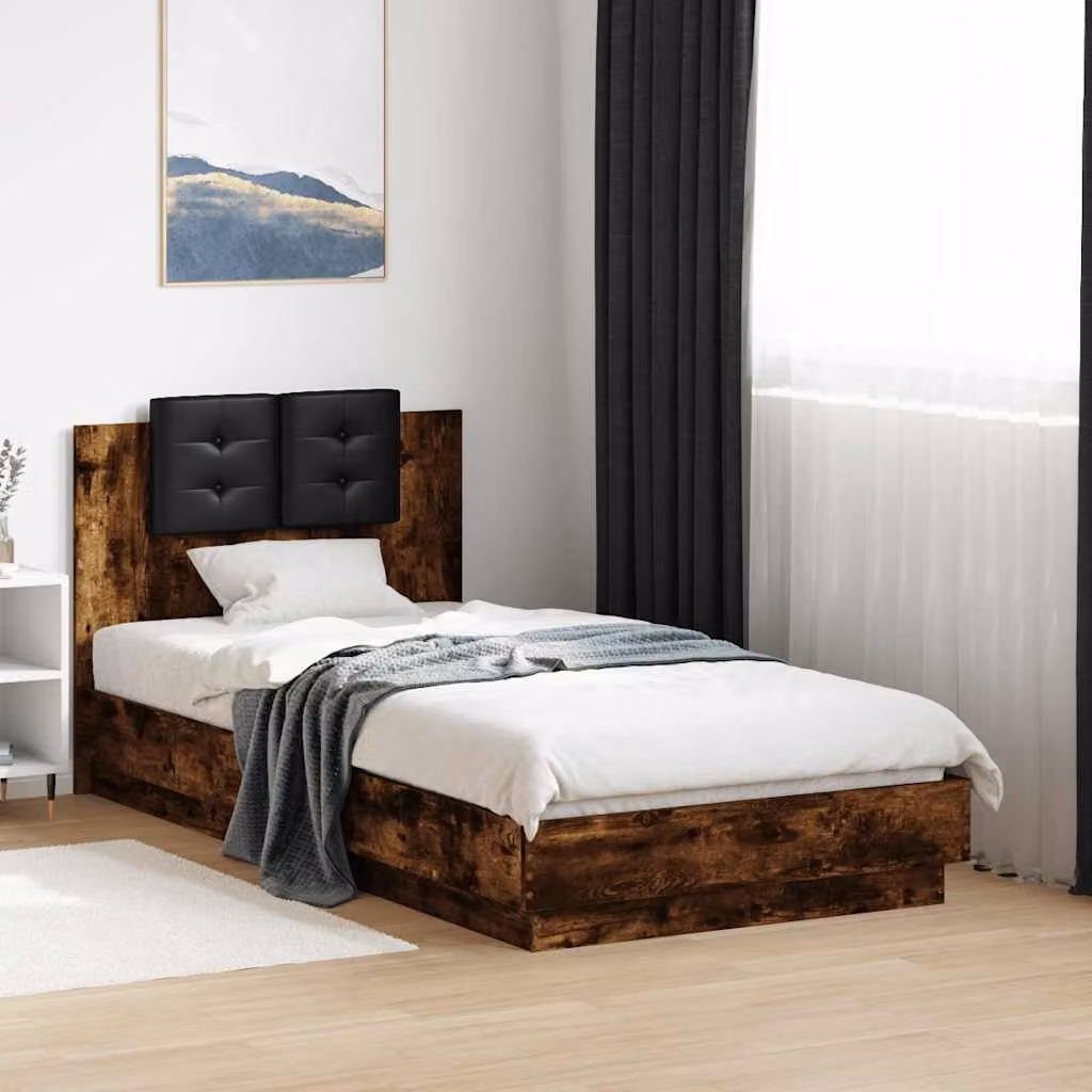 vidaXL Giroletto con Testiera e LED in Rovere Fumo con Porta USB, L/P/H: 90 x 190 x 93 cm