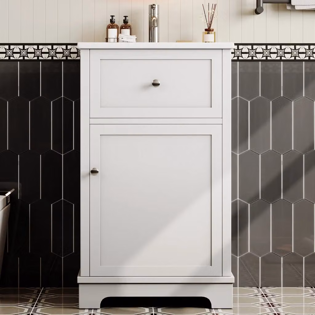Mobile bagno moderno bianco con lavabo integrato, 1 cassetto e vano con ripiano regolabile e ante, L: 51 cm, P: 46 cm, H: 87 cm