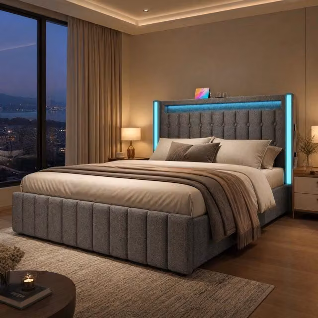 Desviae Letto con contenitore 160 × 200 cm 2 posti con USB, Type-C, LED, 4 cassetti e materasso, lino, grigio