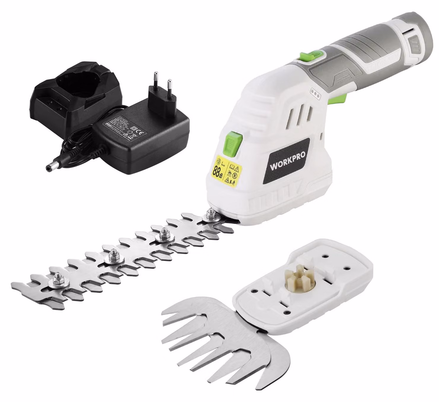 WORKPRO, tagliasiepi a batteria da 12V, 2-in-1, colore bianco. Tagliaerba manuale con 2 lame, batteria da 2Ah e caricabatterie. Tagliasiepi elettrico e decespugliatore per lavori di giardinaggio, larghezza di taglio 12,5 cm, lunghezza di taglio 16 cm
