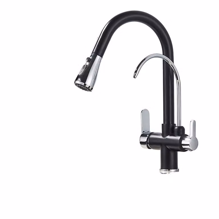 Rubinetto da cucina, design a due manopole, funzione spray estraibile, finitura cromata nera