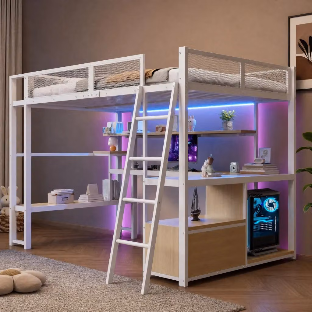 Letto a soppalco MIVRAY bianco con scrivania, illuminazione LED, porta di ricarica USB, scaffali e armadio in metallo e MDF, L/P/H: 232 x 140 x 200 cm – 2