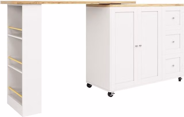 Isola da cucina estraibile girevole a 360 con 3 cassetti, 2 ante e ripiano laterale per snack, Bianco, L: 135-203 cm, P: 39 cm, H: 106 cm