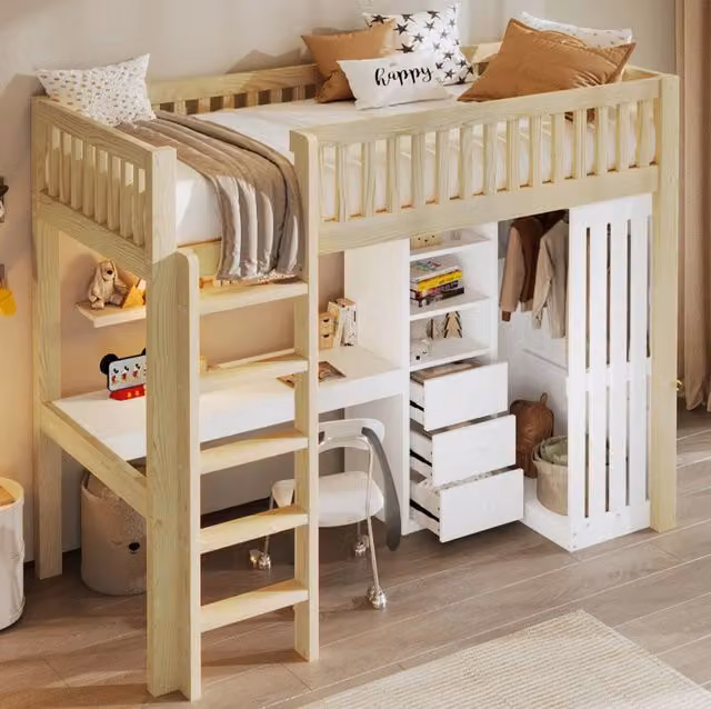 Letto a soppalco 90x200 cm con scrivania; armadio; 3 cassetti e scala in legno di pino e MDF; naturale