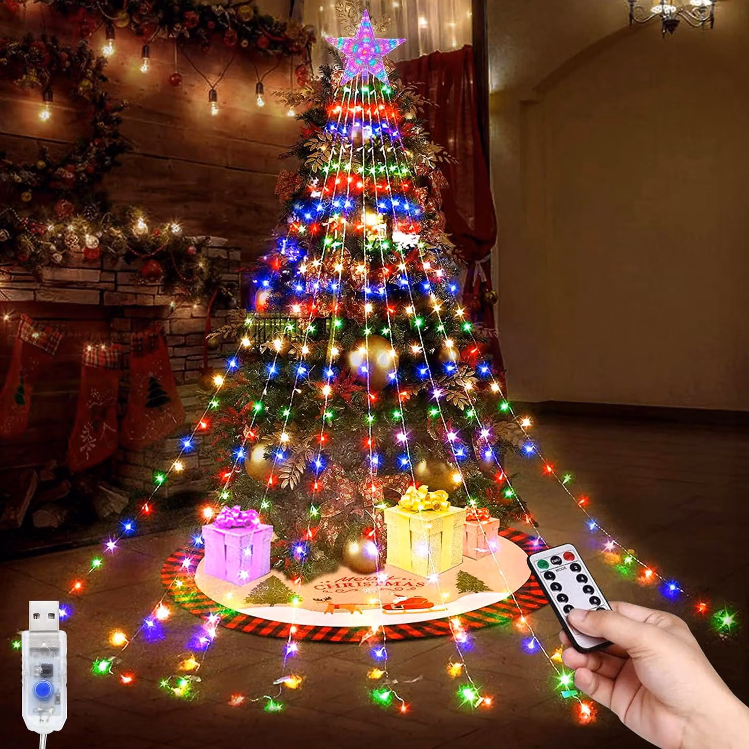 Catena luminosa a cascata a LED, 2 metri, 198 LED, 9 fili, con decorazioni a stella, 8 modalità