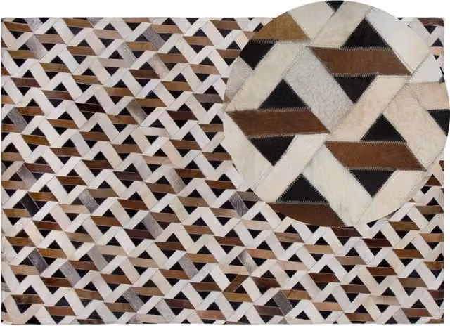 Tappeto in pelle Beliani con motivo geometrico in stile boho, multicolore marrone, grigio e bianco, L: 230 cm, P: 160 cm