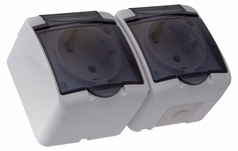 Presa a incasso Schuko per ambienti umidi, grado di protezione IP54, con coperchio in vetro temperato (doppia presa)