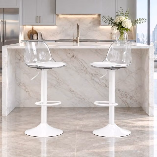 Set 2 sgabelli da bar ULEVR girevoli 360¡ã, altezza regolabile 82-104 cm, schienale trasparente e base bianca