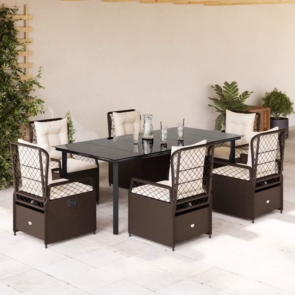 Set da Pranzo da Giardino 7pz vidaXL in Polyrattan Marrone con Piano in Vetro – 1