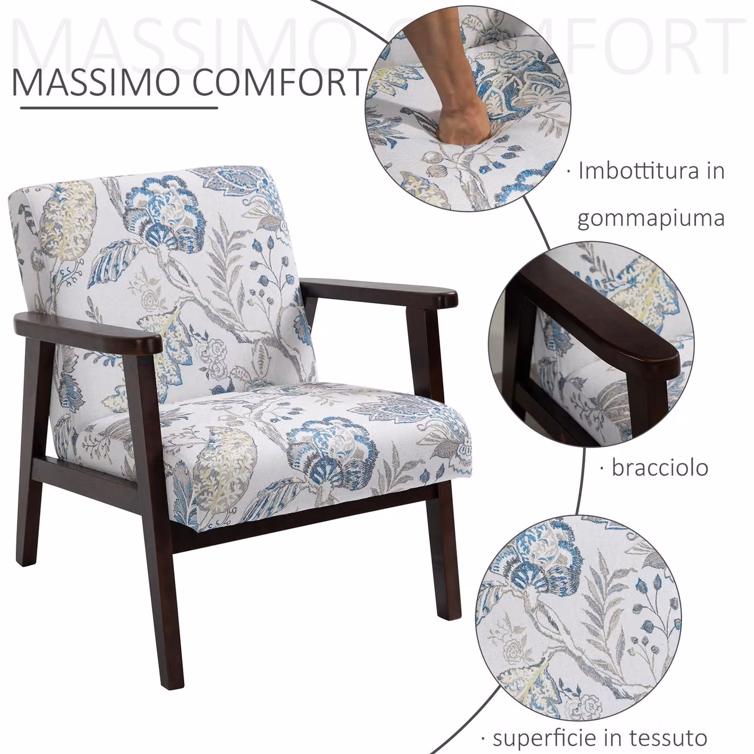 HOMCOM Sedia Per Soggiorno Poltroncina Imbottita Con Braccioli In Legno E Tessuto Traspirante, 68.5x78.5x75cm