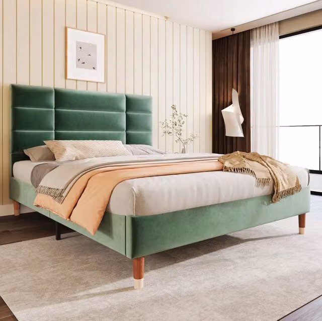 Letto matrimoniale imbottito MODFU in velluto verde con contenitore e rete a doghe L/P: 140 x 200 cm – 1