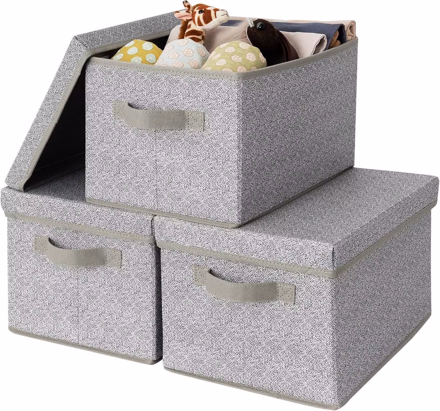 Set di 3 contenitori con coperchio, dimensioni 37,5x26,5x22 cm, colore grigio, ideali per riporre abbigliamento