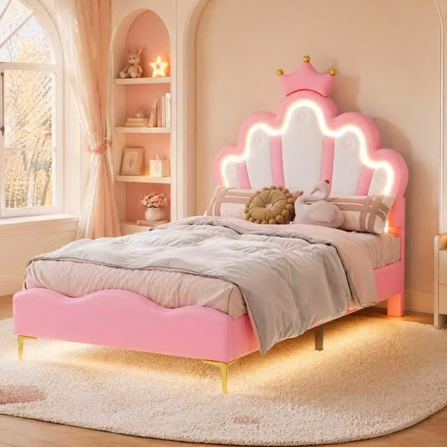 Letto per bambini REDOM rosa in ecopelle con illuminazione LED sotto il letto e testiera a forma di nuvola, L/P: 90 x 200 cm