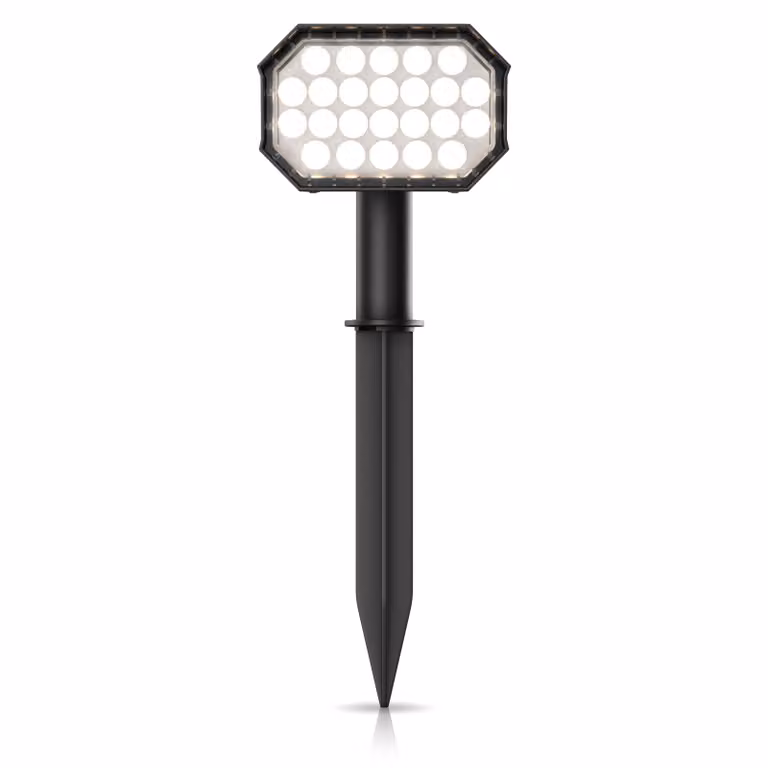 Proiettore da giardino a LED Brandson a energia solare con picchetto, lampada da esterno a energia solare, applique, batteria integrata da 1800 mAh, 2 livelli di luminosità, 3000 K, IP65, resistente alle intemperie, orientabile
