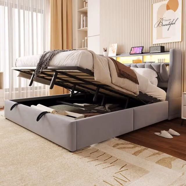 Letto imbottito 180x200 cm con contenitore idraulico, testiera ribaltabile LED e USB