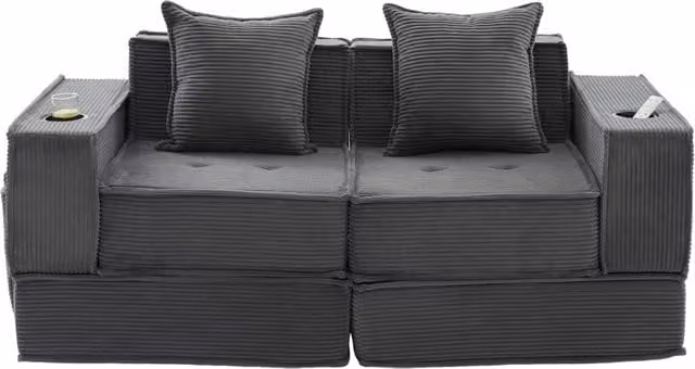 Divano letto doppio moderno in tessuto con pouf contenitore e portabicchieri, 162x78x66 cm, colore cord
