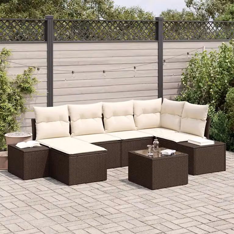 Set Divano da Giardino vidaXL 7 Pezzi Moderno in Polyrattan Marrone e Beige con Cuscini e Tavolino