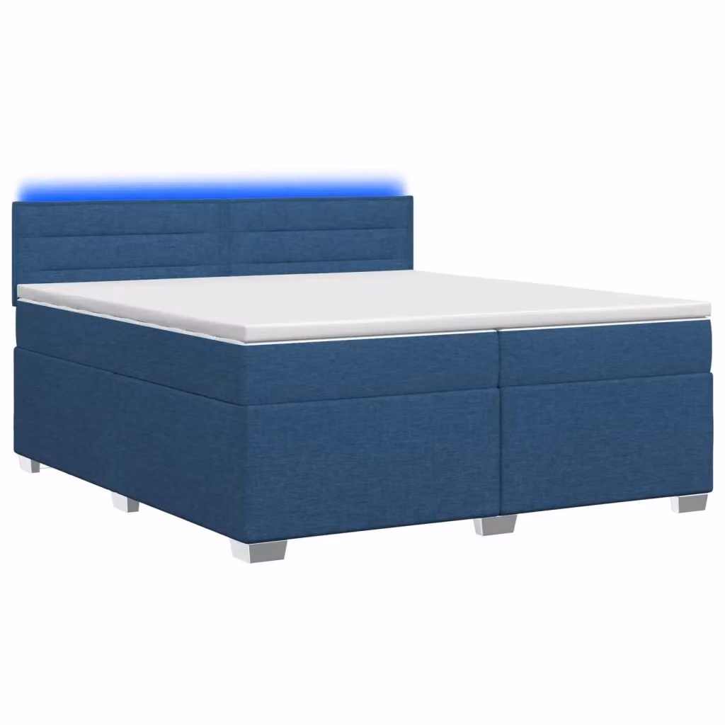 Letto Box Spring vidaXL con Materasso Ibrido, Illuminazione LED Blu e Porte USB, Tessuto Bianco e Blu, L/P: 200 x 200 cm – 2