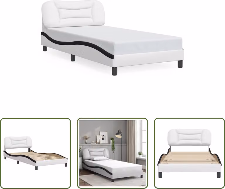 The Living Store Struttura letto con testiera bianca e nera 100x200 cm in ecopelle
