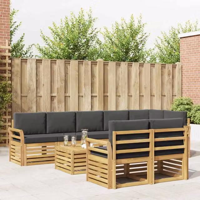 Set di divani da esterno vidaXL a forma di L composto da 9 pezzi con tavolo da caffè, in legno di acacia e tessuto resistente ai raggi UV, colori bianco e antracite – 1