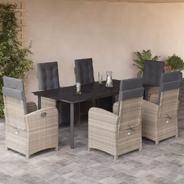 Set da pranzo da giardino vidaXL in polyrattan con tavolo in vetro e 7 pezzi, colore grigio e nero