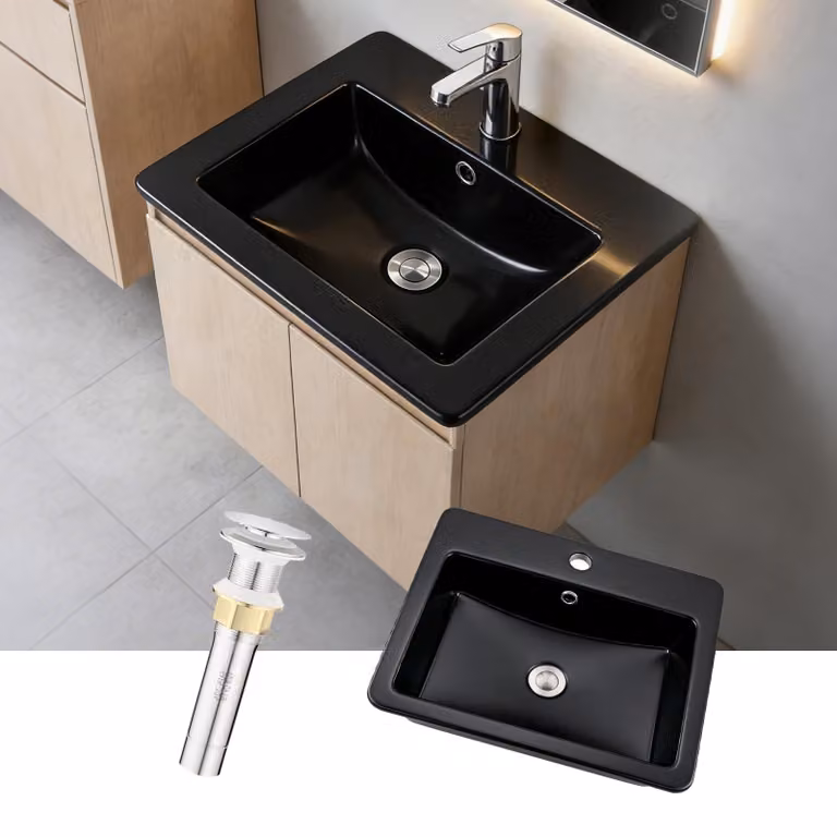 Lavabo in Vetroceramica rettangolare, nero, dimensioni 53x46x17 cm, con troppofilo
