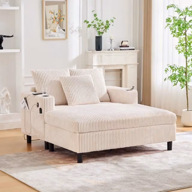 Poltrona relax oversize WISHDOR in velluto a coste beige con LED, porta USB, portabicchieri e struttura in legno massello L: 128 cm, P: 85 cm