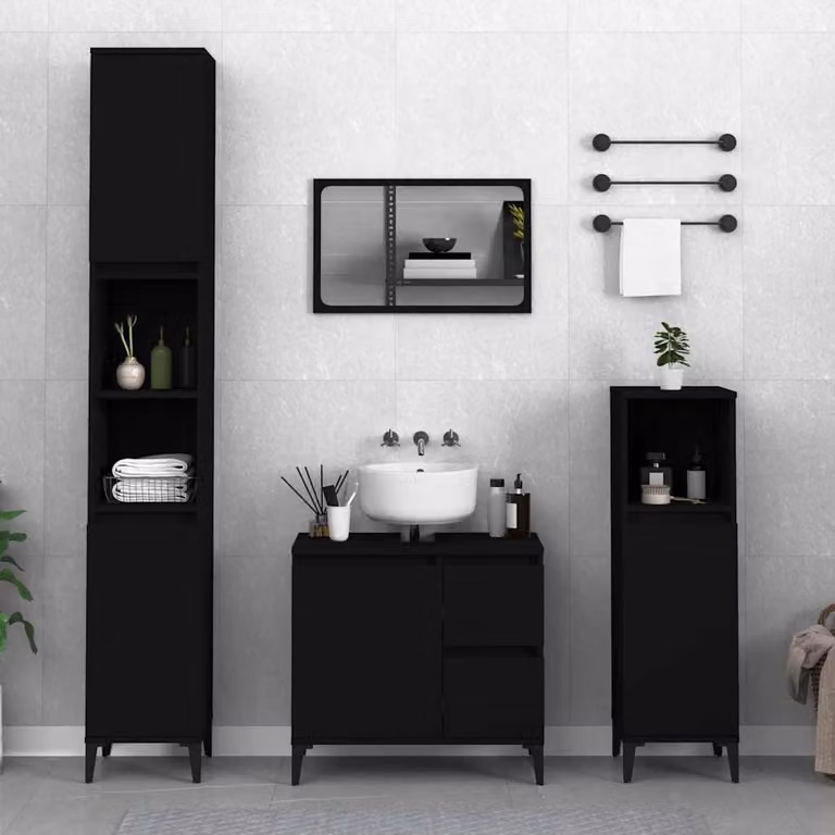 Armadietto da bagno sospeso vidaXL nero con ante a battente e ripiani interni, L/P/H: 30 x 30 x 100 cm