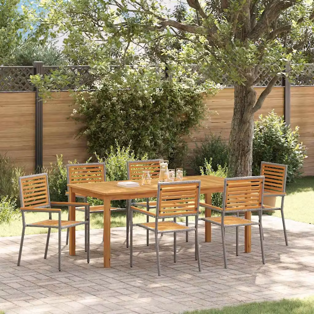 Set da pranzo per giardino e terrazzo vidaXL in rattan e legno di acacia, 7 pezzi, grigio e marrone, tavolo rettangolare 180 x 90 x 75 cm