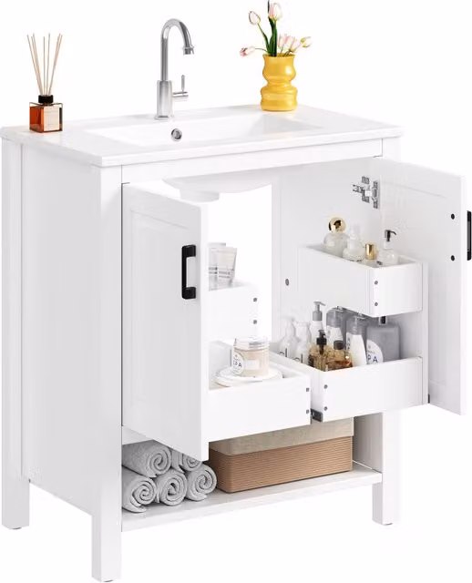 Mobile bagno a terra con lavabo; mobiletto bagno bianco 76;5 cm con ante a doppia porta e ripiano aperto