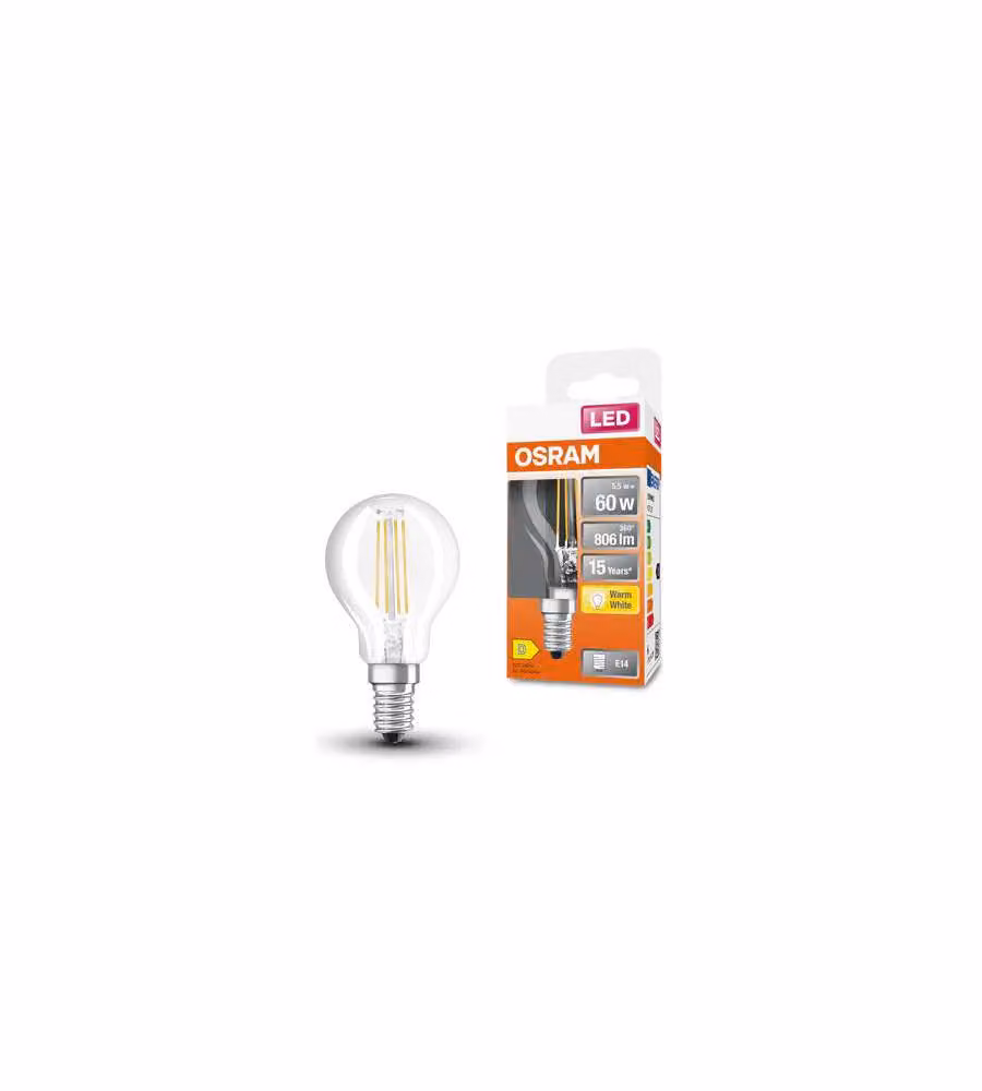 Lampadina LED Osram Retro Classic P, filamento, E14, 5,5 W, 806 lumen, luce bianco caldo, trasparente
